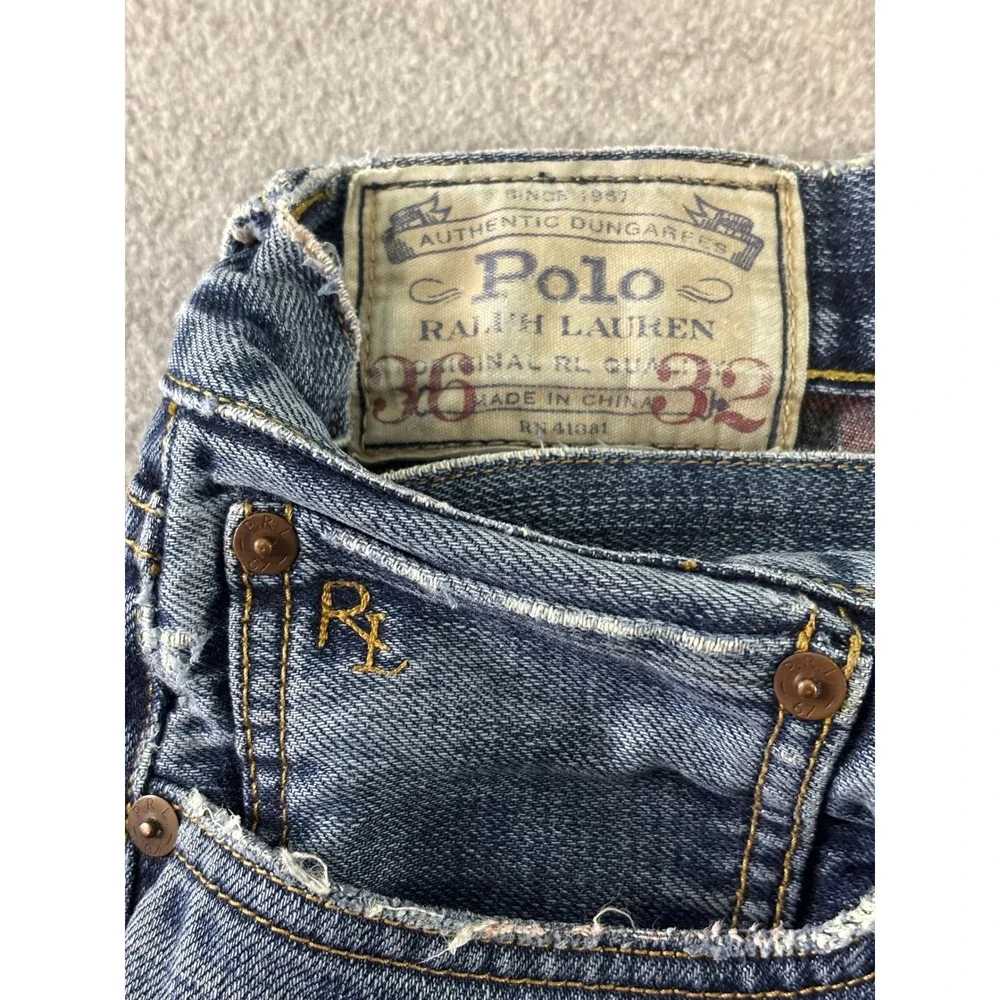 Polo Ralph Lauren Authentic Dungarees Jeans Mens 36x32 Blue Distressed Denim